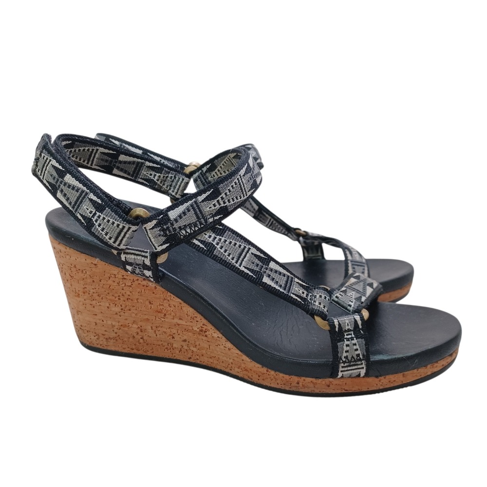 Teva Wedge Sandal Womens‎ US 7.5 Black Universal Mosaic Strappy Cork Shoe